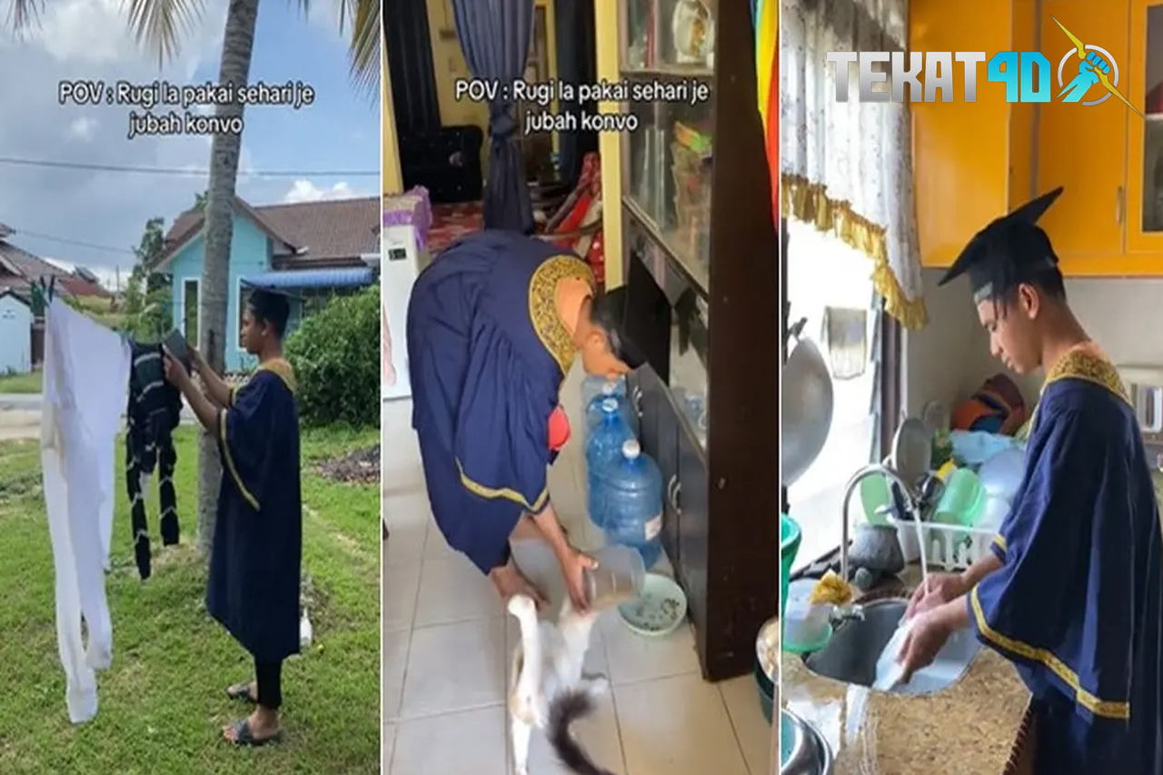 Enggak Mau Rugi, Pria Ini Pakai Toga Wisuda Seharian Sambil Bebersih Rumah