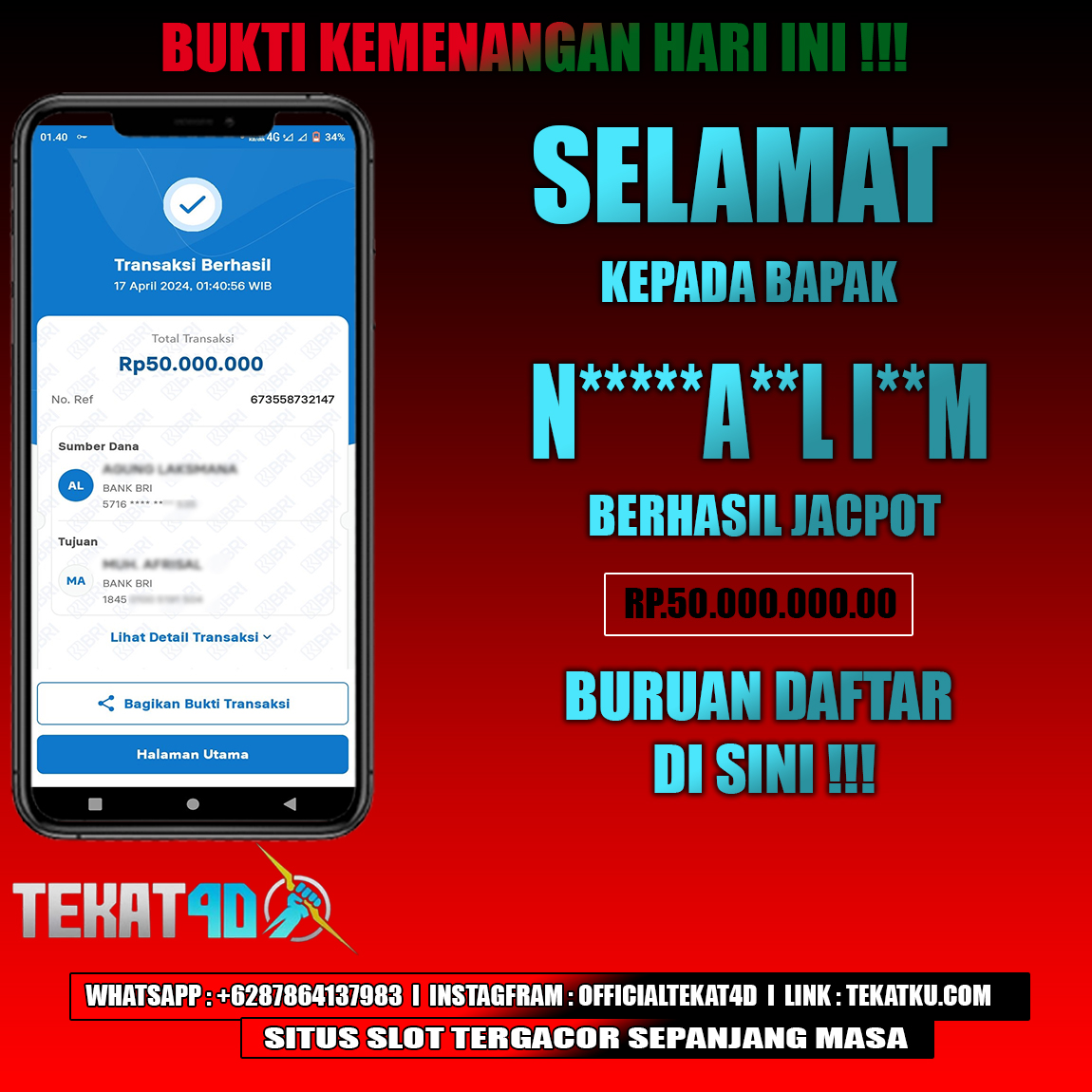 BUKTI KEMENANGAN TEKAT4D 17 APRIL 2024