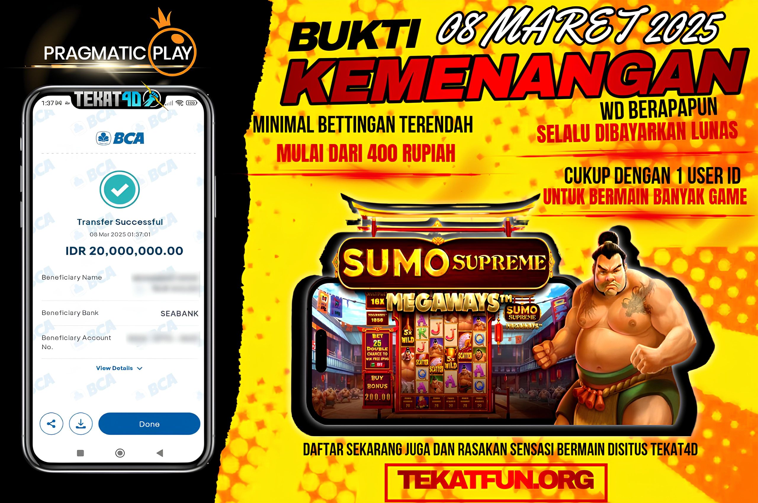 BUKTI KEMENANGAN TEKAT4D 08 MARET 2025