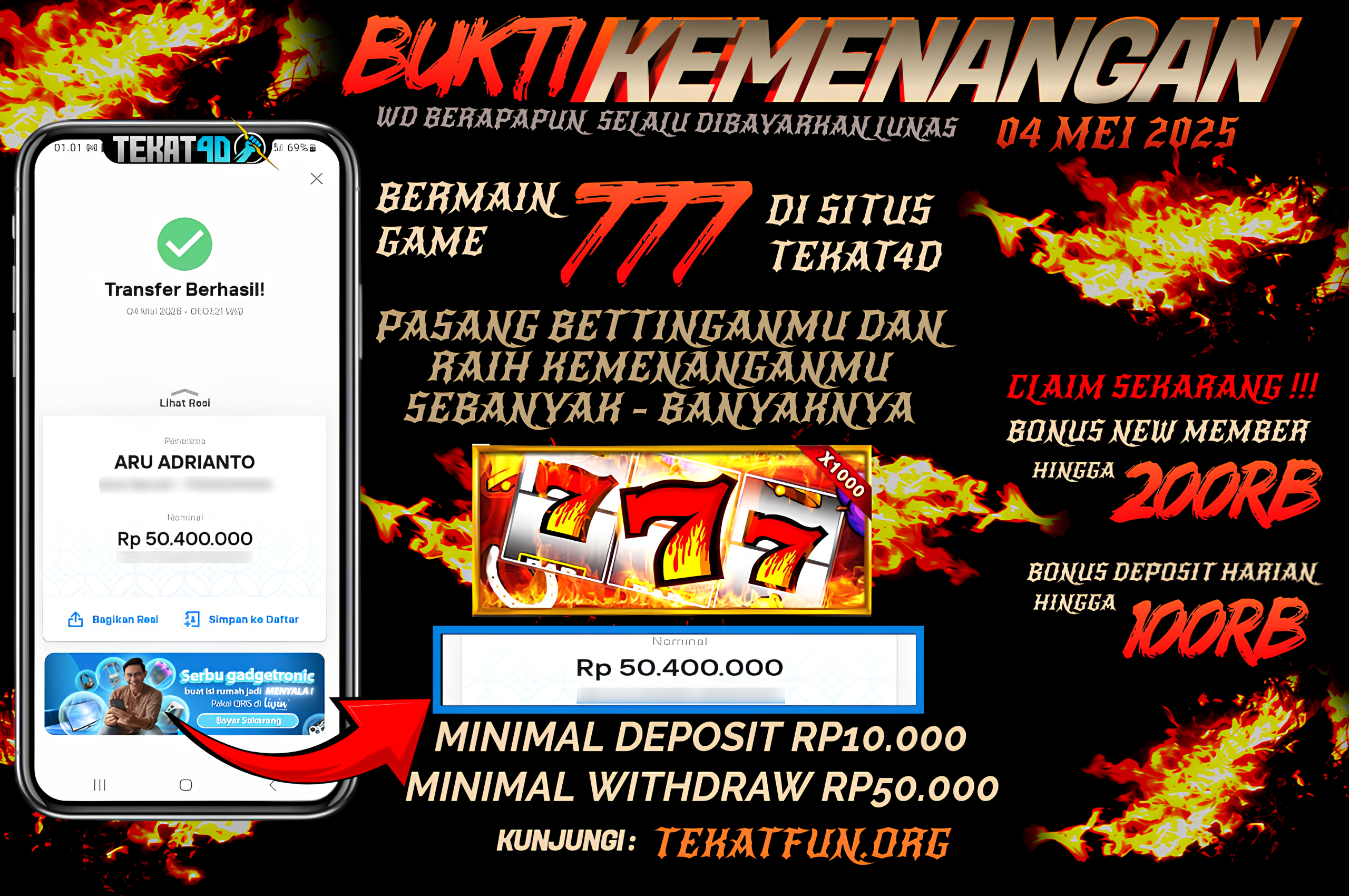 BUKTI KEMENANGAN TEKAT4D 04 MEI 2025
